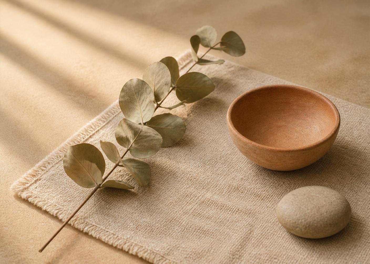 Rustig natuurlijk stilleven met linnen mat, gedroogde eucalyptus en terracotta kom