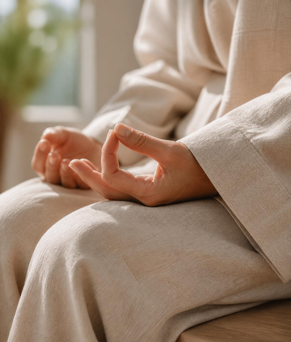 Handen in rustige meditatiehouding op linnen kleding